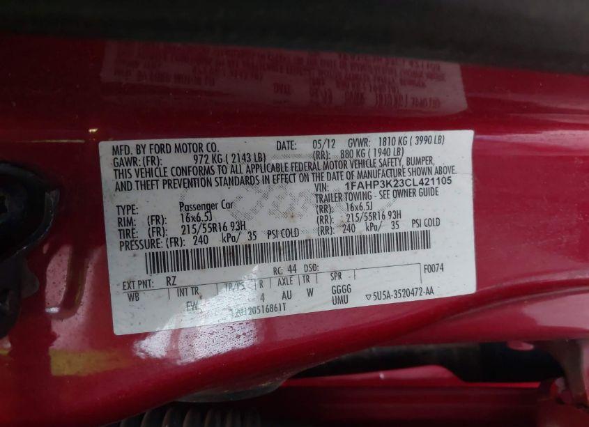 Photo 9 of 2012 Ford Focus SE (VIN 1FAHP3K23CL421105)