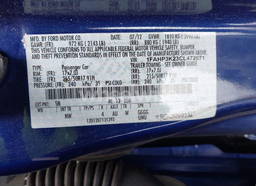 Photo 9 of 2012 Ford Focus SE (VIN 1FAHP3K23CL472071)