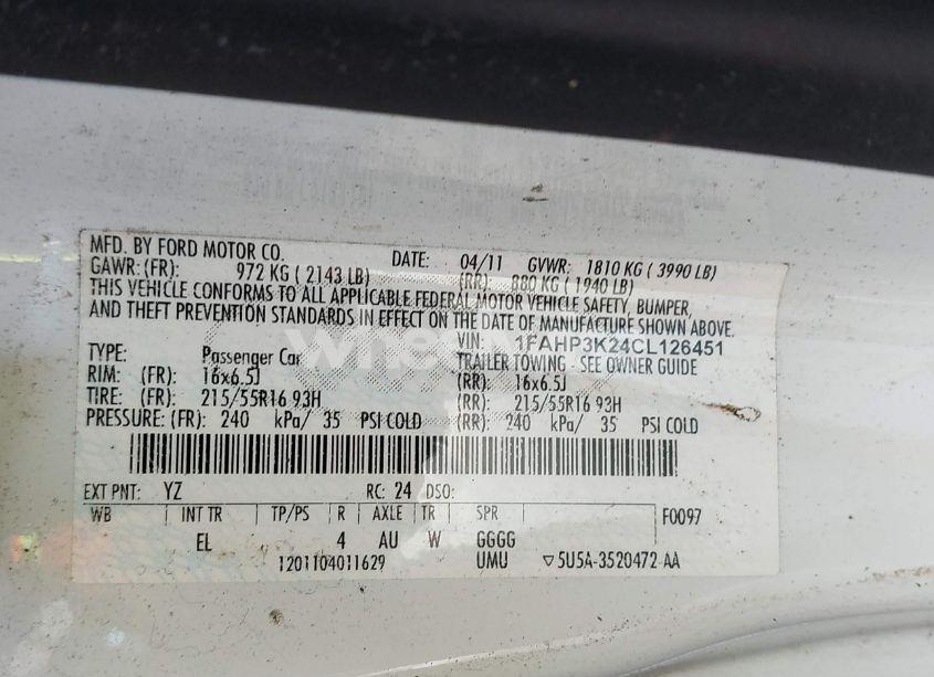 Photo 9 of 2012 Ford Focus SE (VIN 1FAHP3K24CL126451)