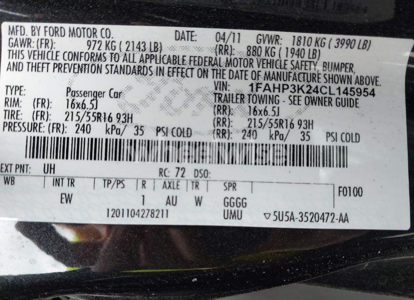 Photo 9 of 2012 Ford Focus SE (VIN 1FAHP3K24CL145954)