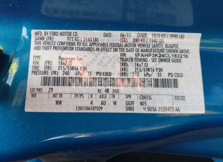 Photo 9 of 2012 Ford Focus SE (VIN 1FAHP3K24CL183216)