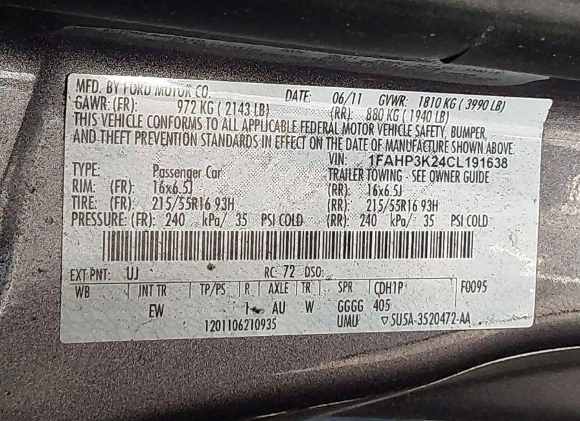 Photo 9 of 2012 Ford Focus SE (VIN 1FAHP3K24CL191638)