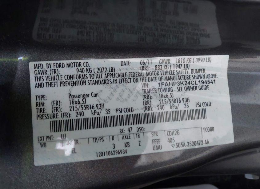 Photo 9 of 2012 Ford Focus SE (VIN 1FAHP3K24CL194541)