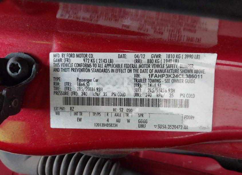 Photo 9 of 2012 Ford Focus SE (VIN 1FAHP3K24CL386011)