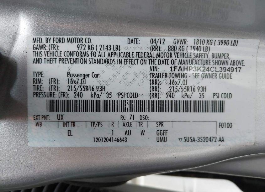 Photo 9 of 2012 Ford Focus SE (VIN 1FAHP3K24CL394917)