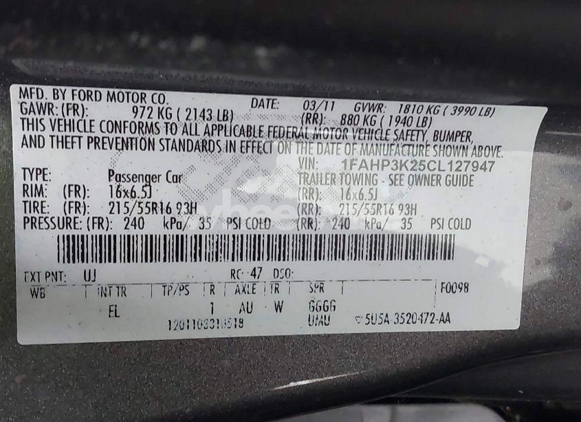 Photo 9 of 2012 Ford Focus SE (VIN 1FAHP3K25CL127947)