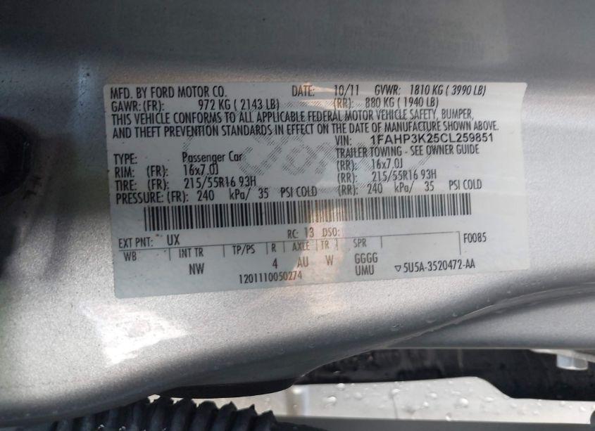 Photo 9 of 2012 Ford Focus SE (VIN 1FAHP3K25CL259851)