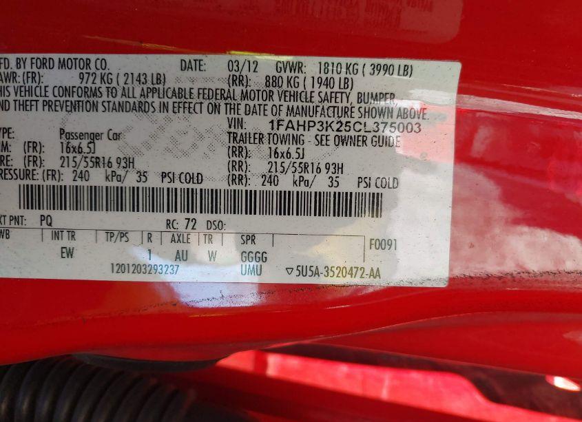 Photo 9 of 2012 Ford Focus SE (VIN 1FAHP3K25CL375003)