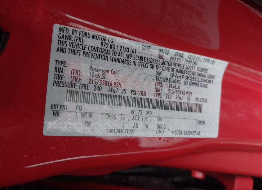 Photo 9 of 2012 Ford Focus SE (VIN 1FAHP3K25CL394361)