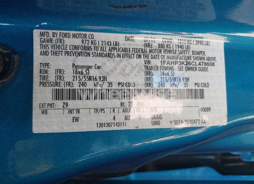 Photo 9 of 2012 Ford Focus SE (VIN 1FAHP3K26CL478608)