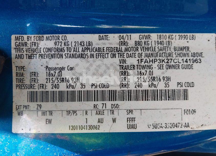 Photo 9 of 2012 Ford Focus SE (VIN 1FAHP3K27CL141963)