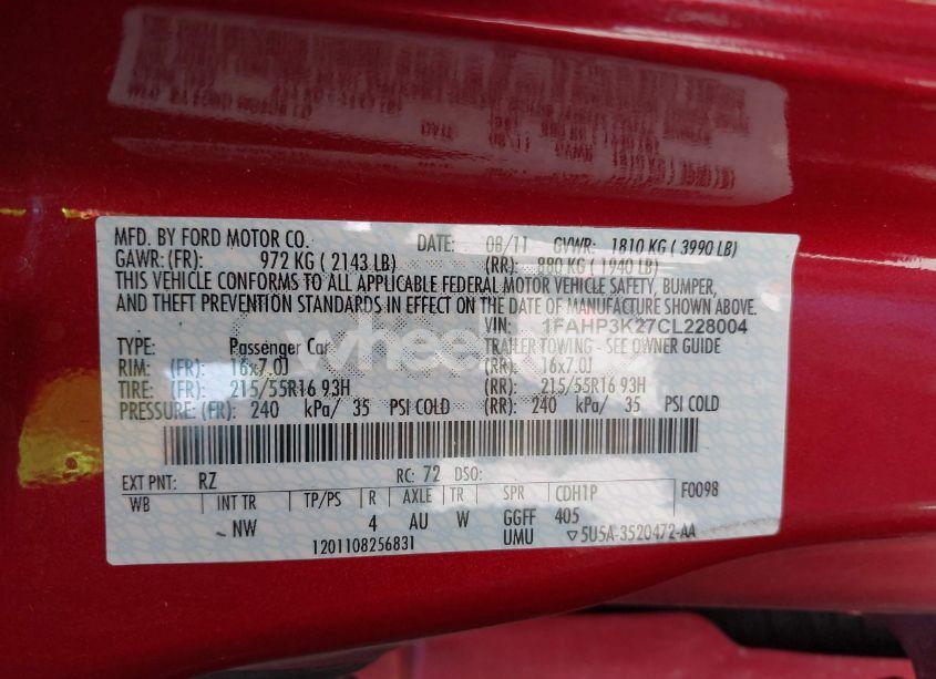 Photo 9 of 2012 Ford Focus SE (VIN 1FAHP3K27CL228004)