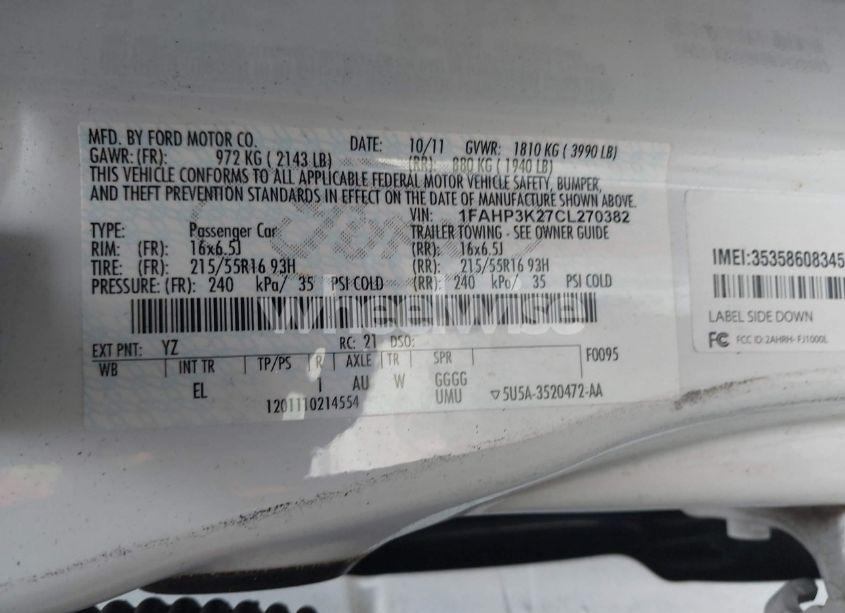 Photo 9 of 2012 Ford Focus SE (VIN 1FAHP3K27CL270382)