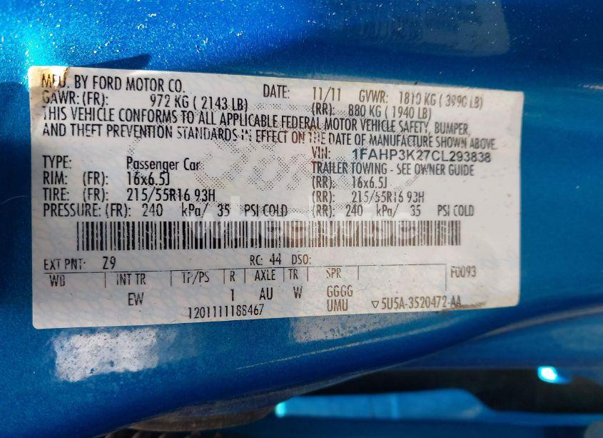 Photo 9 of 2012 Ford Focus SE (VIN 1FAHP3K27CL293838)