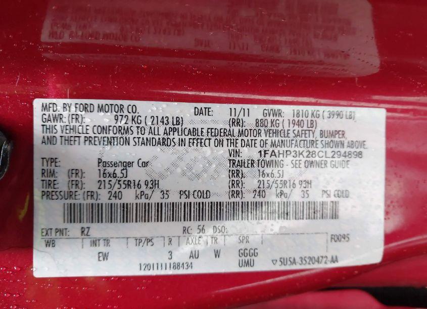 Photo 9 of 2012 Ford Focus SE (VIN 1FAHP3K28CL294898)