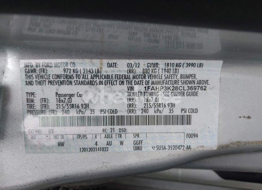 Photo 9 of 2012 Ford Focus SE (VIN 1FAHP3K28CL369762)