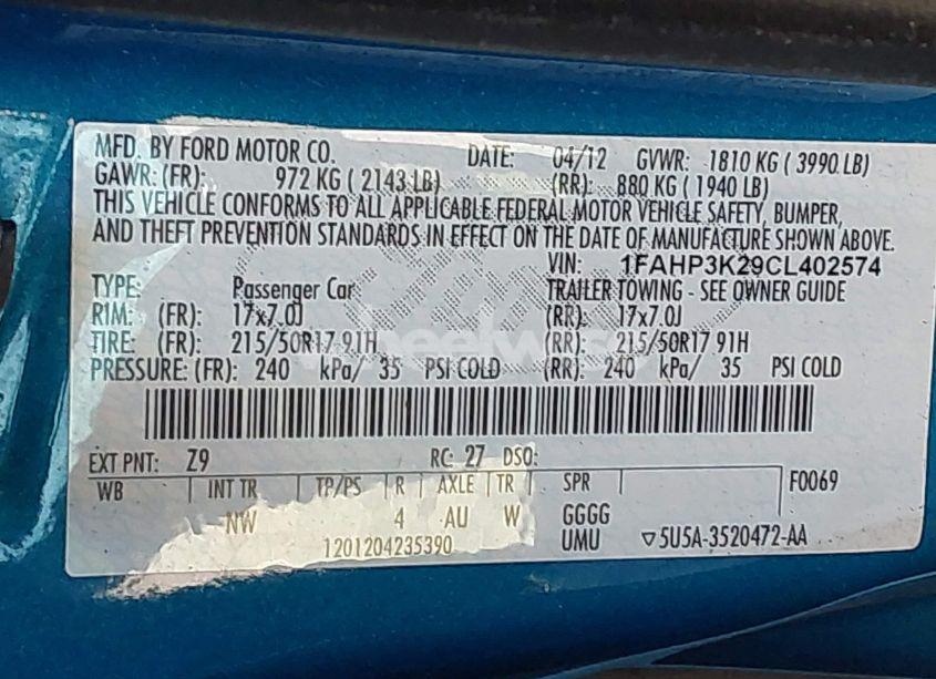 Photo 9 of 2012 Ford Focus SE (VIN 1FAHP3K29CL402574)