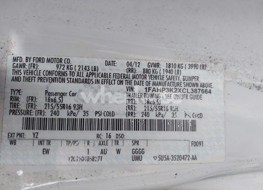 Photo 9 of 2012 Ford Focus SE (VIN 1FAHP3K2XCL387664)