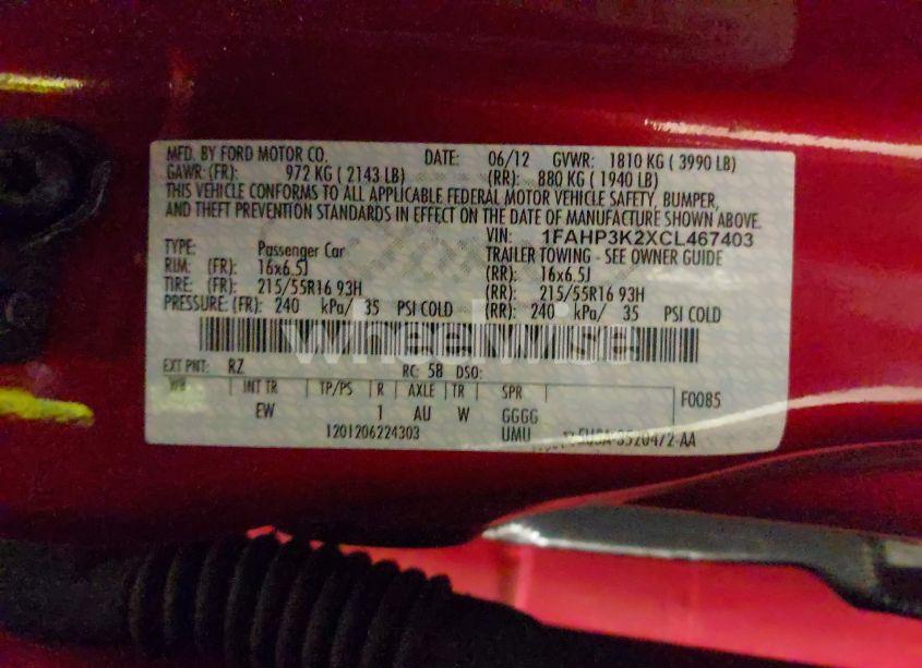 Photo 9 of 2012 Ford Focus SE (VIN 1FAHP3K2XCL467403)