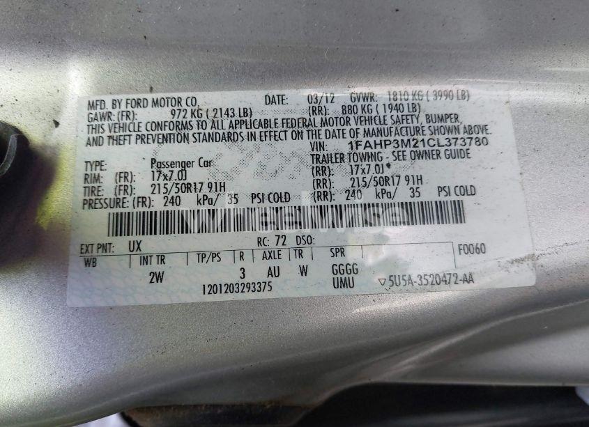 Photo 9 of 2012 Ford Focus SEL (VIN 1FAHP3M21CL373780)