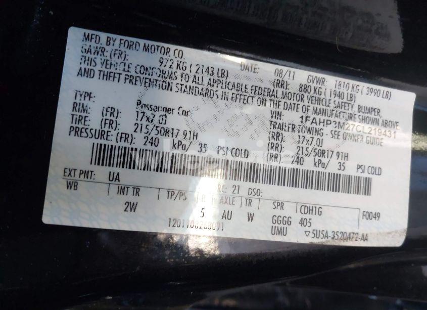 Photo 9 of 2012 Ford Focus SEL (VIN 1FAHP3M27CL219431)