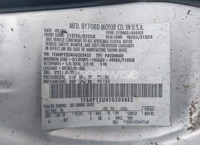 Photo 9 of 2001 Ford Taurus LX (VIN 1FAHP52U41G203452)