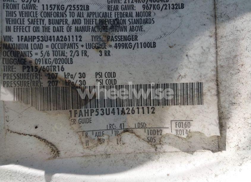 Photo 9 of 2001 Ford Taurus SE (VIN 1FAHP53U41A261112)