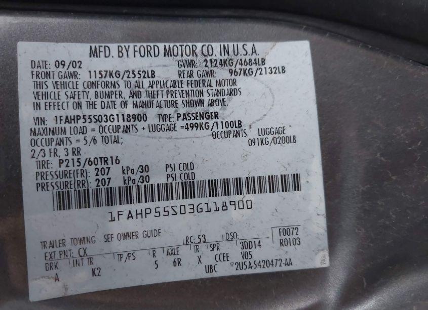 Photo 9 of 2003 Ford Taurus (VIN 1FAHP55S03G118900)