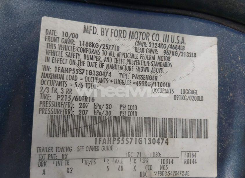 Photo 9 of 2001 Ford Taurus SES (VIN 1FAHP55S71G130474)