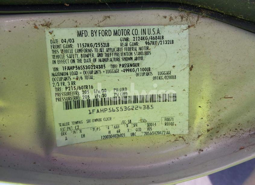 Photo 9 of 2003 Ford Taurus SEL (VIN 1FAHP56S53G224385)