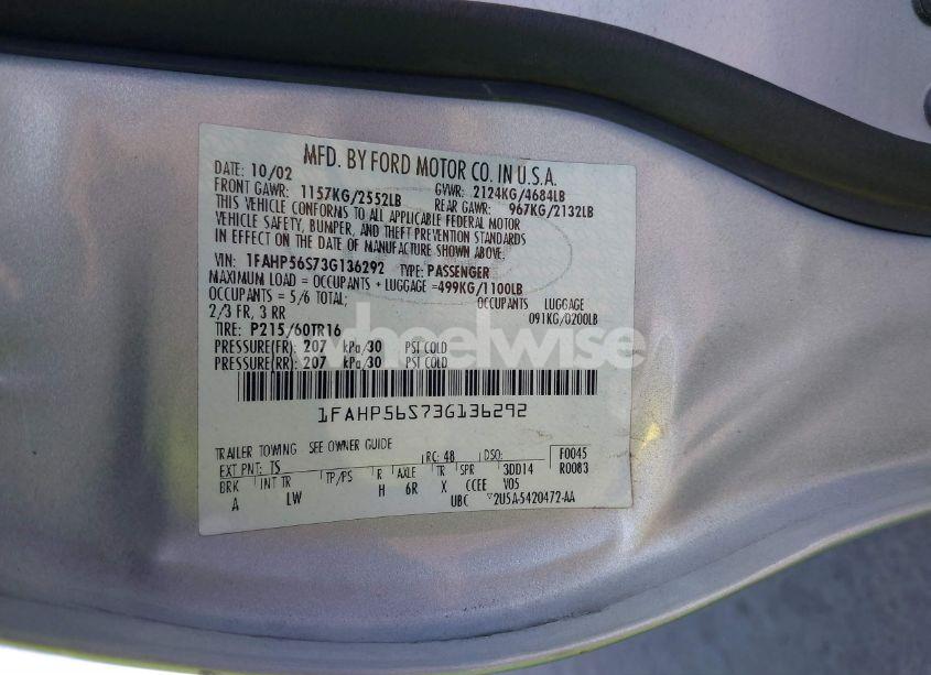 Photo 9 of 2003 Ford Taurus SEL (VIN 1FAHP56S73G136292)