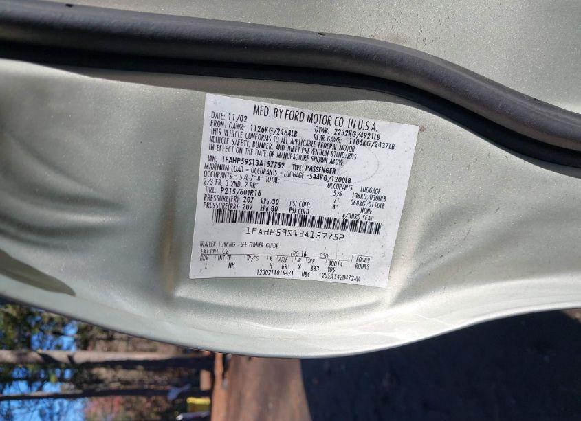 Photo 9 of 2003 Ford Taurus SEL (VIN 1FAHP59S13A157752)