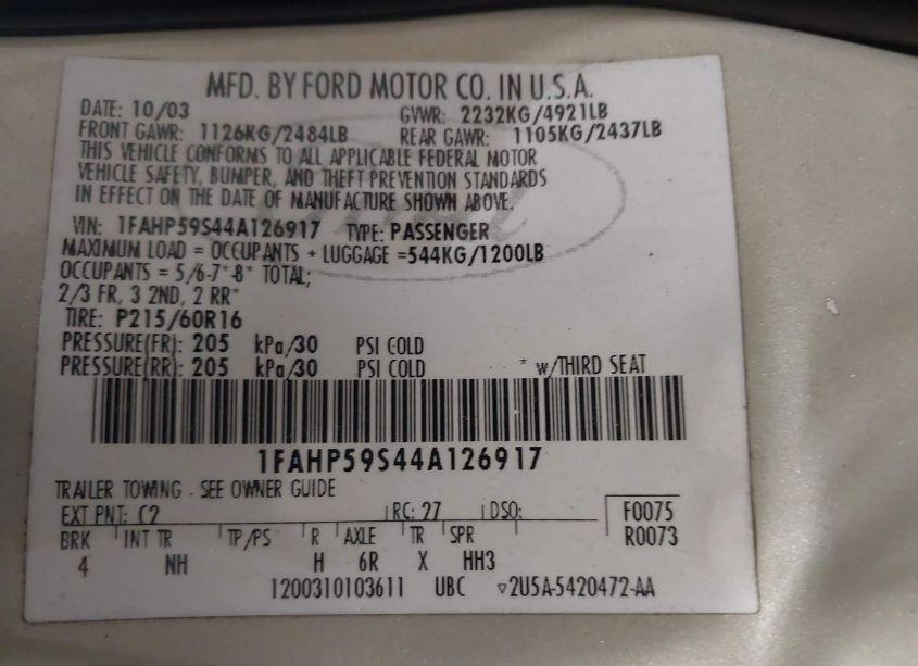 Photo 9 of 2004 Ford Taurus SEL (VIN 1FAHP59S44A126917)