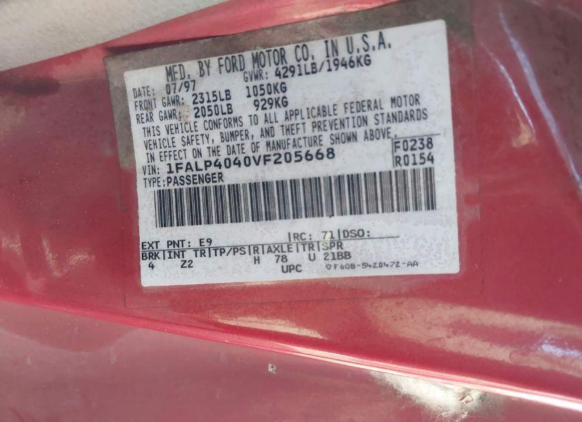 Photo 9 of 1997 Ford Mustang (VIN 1FALP4040VF205668)