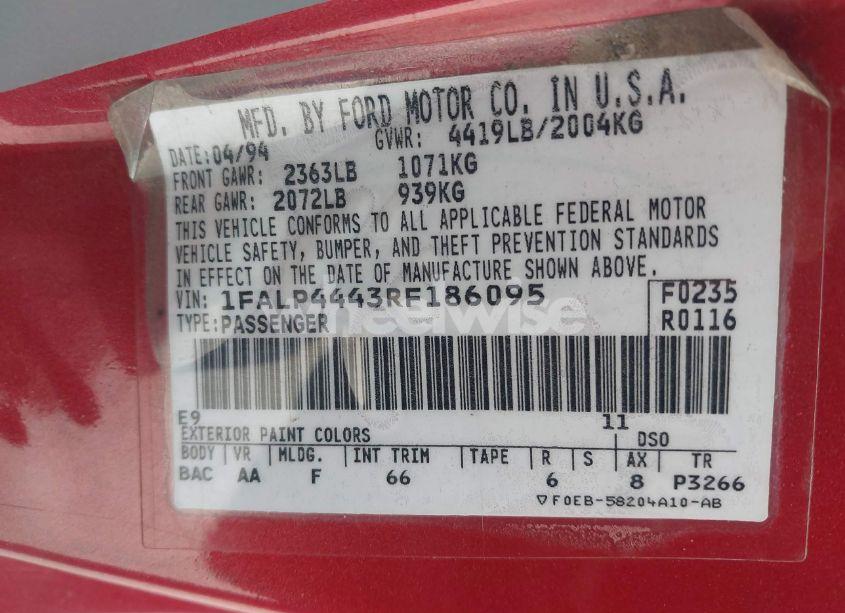 Photo 9 of 1994 Ford Mustang (VIN 1FALP4443RF186095)