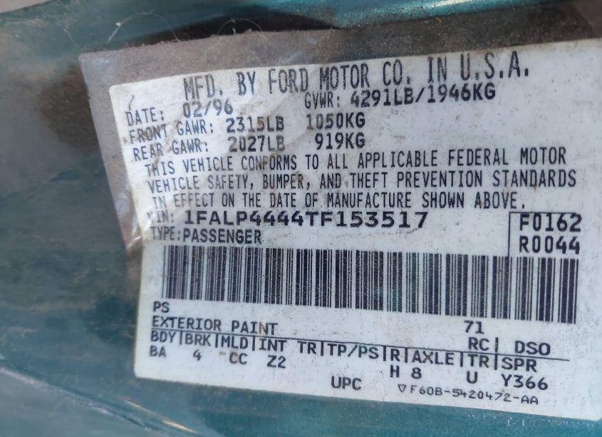 Photo 9 of 1996 Ford Mustang (VIN 1FALP4444TF153517)