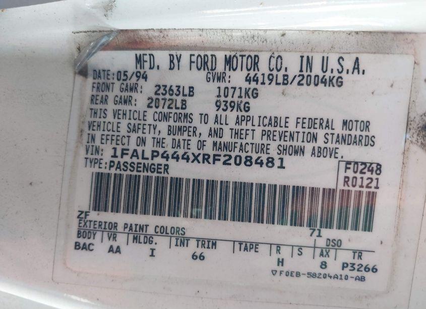 Photo 9 of 1994 Ford Mustang (VIN 1FALP444XRF208481)