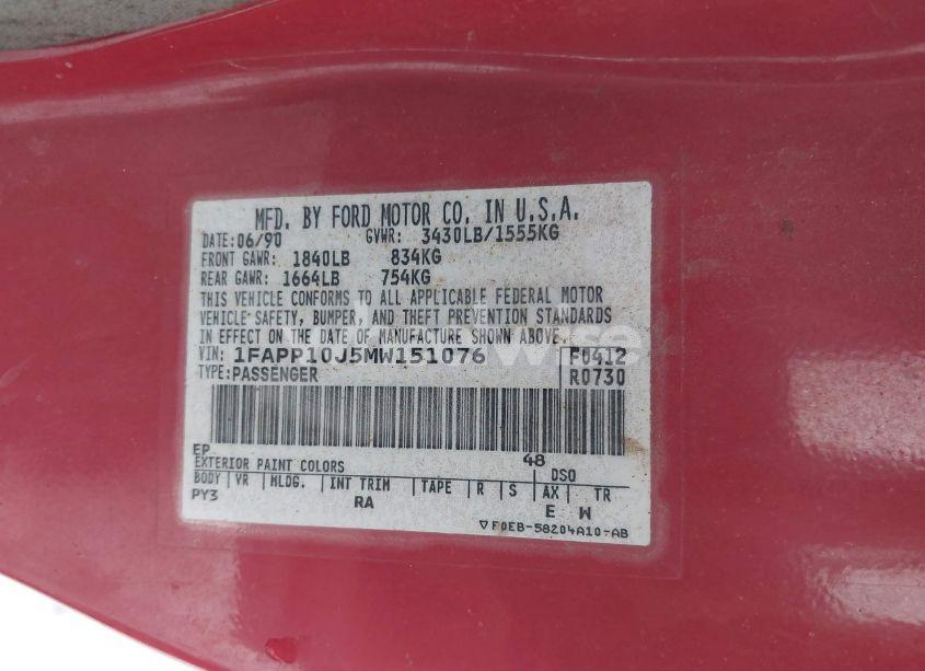 Photo 9 of 1991 Ford Escort PONY/L (VIN 1FAPP10J5MW151076)