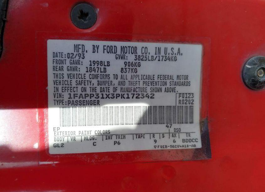 Photo 9 of 1993 Ford Tempo GL (VIN 1FAPP31X3PK172342)