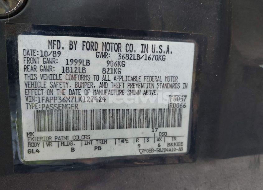 Photo 9 of 1990 Ford Tempo GL (VIN 1FAPP36X7LK127424)