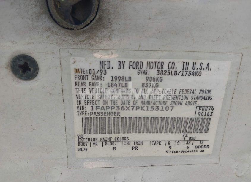 Photo 9 of 1993 Ford Tempo GL (VIN 1FAPP36X7PK153107)