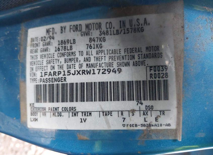 Photo 9 of 1994 Ford Escort LX/SPORT (VIN 1FARP15JXRW172949)