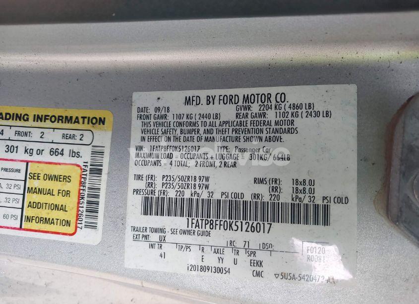 Photo 9 of 2019 Ford Mustang GT PREMIUM (VIN 1FATP8FF0K5126017)