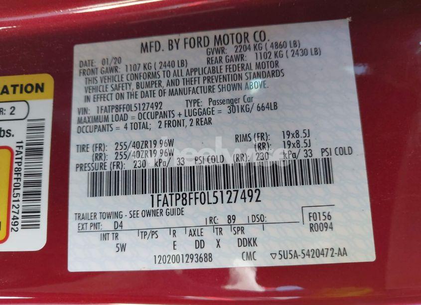 Photo 9 of 2020 Ford Mustang GT PREMIUM (VIN 1FATP8FF0L5127492)