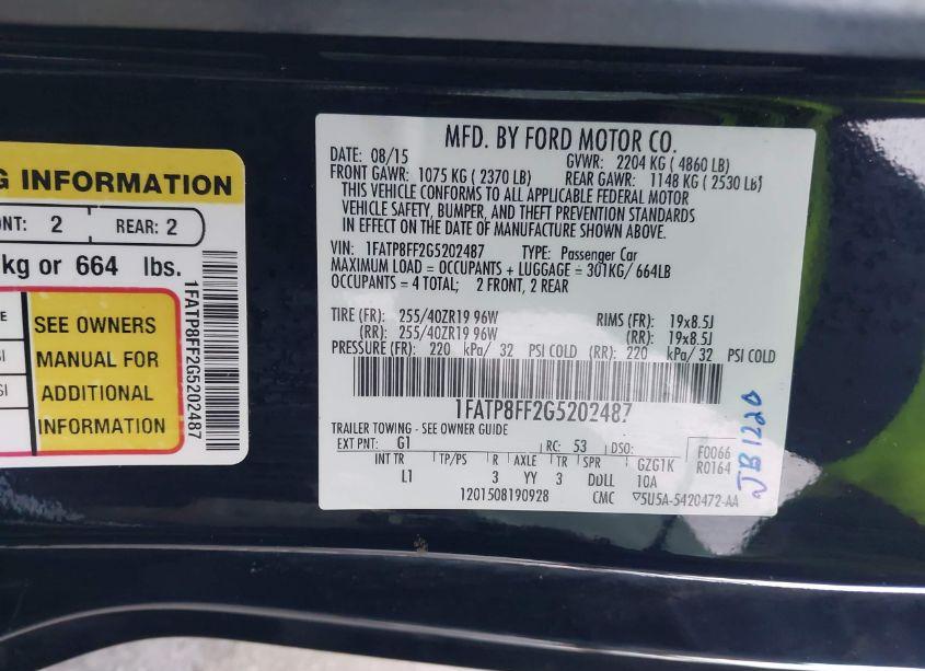 Photo 9 of 2016 Ford Mustang GT PREMIUM (VIN 1FATP8FF2G5202487)