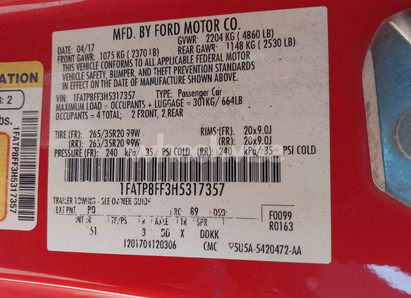 Photo 9 of 2017 Ford Mustang GT PREMIUM (VIN 1FATP8FF3H5317357)