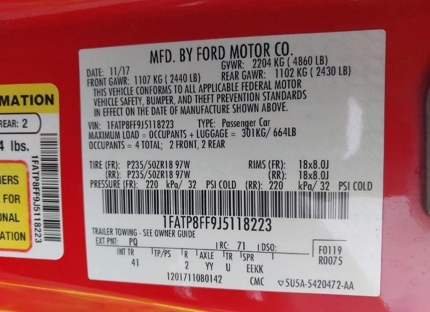 Photo 9 of 2018 Ford Mustang GT PREMIUM (VIN 1FATP8FF9J5118223)