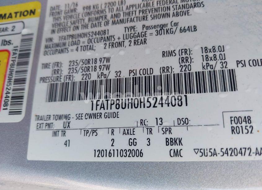 Photo 9 of 2017 Ford Mustang ECOBOOST PREMIUM (VIN 1FATP8UH0H5244081)