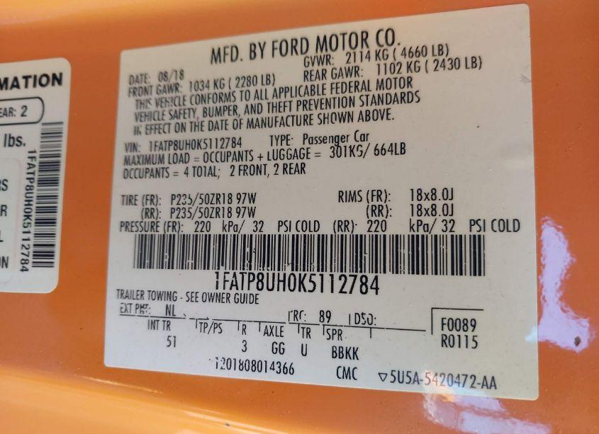 Photo 9 of 2019 Ford Mustang ECOBOOST PREMIUM (VIN 1FATP8UH0K5112784)