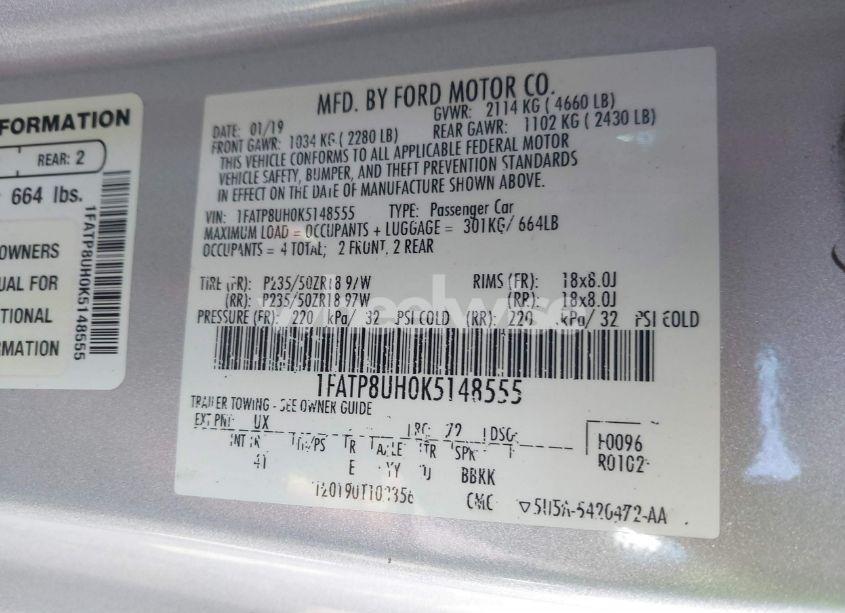 Photo 9 of 2019 Ford Mustang ECOBOOST PREMIUM (VIN 1FATP8UH0K5148555)